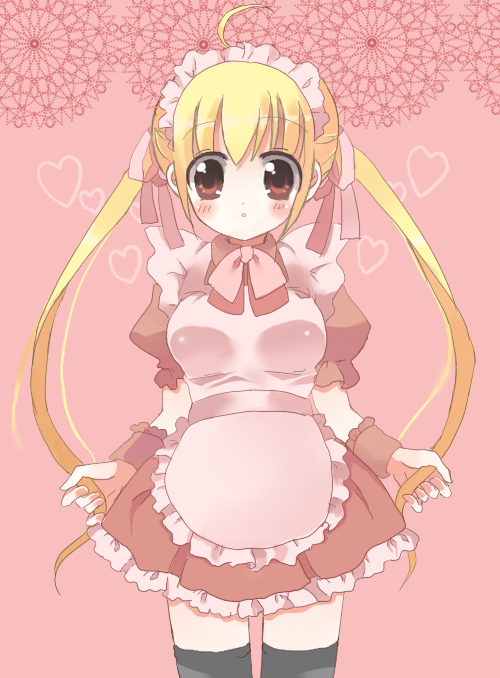itsuka, original, bad id, bad pixiv id, blonde hair, blush, brown eyes, heart, long hair, maid, solo, thighhighs, twintails