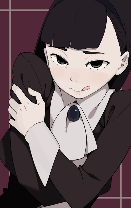 go robots, original, 1girl, :q, black eyes, black hair, blue eyes, female focus, pale skin, solo, tongue, tongue out