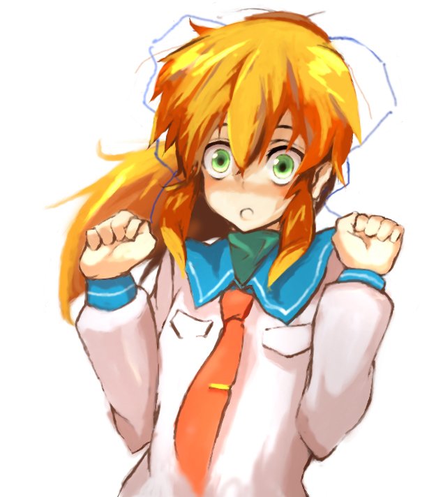 ato, puranaria, bad id, bad pixiv id, green eyes, hair ribbon, long hair, necktie, orange hair, ponytail, ribbon, school uniform, serafuku, solo, surprised