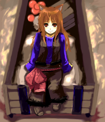 ato, puranaria, holo, spice and wolf, bad id, bad pixiv id, lowres, 00s, animal ears, brown hair, long hair, sitting, smile, solo, wolf ears