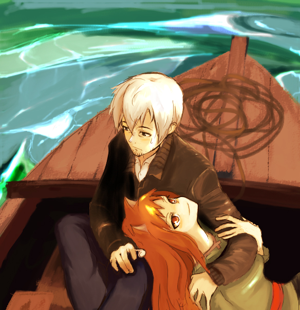 ato, puranaria, craft lawrence, holo, spice and wolf, bad id, bad pixiv id, 00s, 1boy, 1girl, animal ears, boat, brown hair, lap pillow, long hair, watercraft