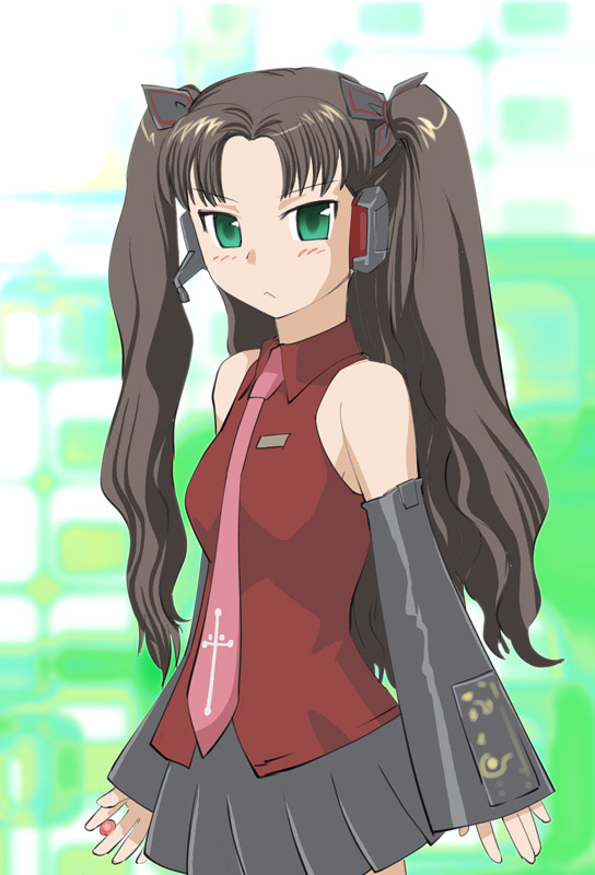 ueyama michirou, hatsune miku, tohsaka rin, fate/stay night, fate (series), vocaloid, 1girl, adapted costume, brown hair, cosplay, detached sleeves, female focus, green eyes, hatsune miku (cosplay), long hair, necktie, solo, twintails, two side up, vocaloid boxart pose