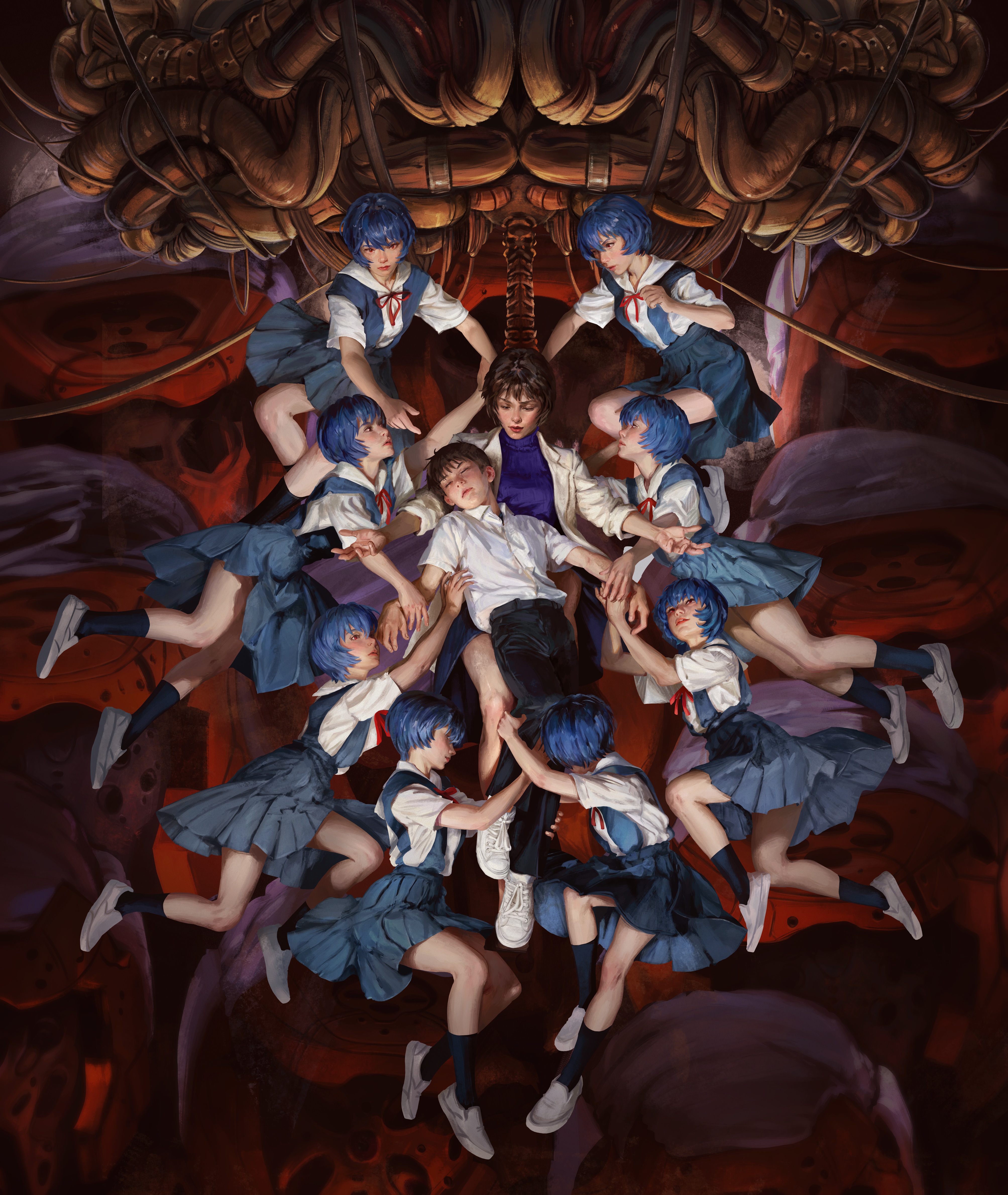 rick parsa, ayanami rei, ikari shinji, ikari yui, neon genesis evangelion, absurdres, highres, 1boy, anniversary, blue hair, blue skirt, brown hair, clone, multiple girls, reaching, reaching towards another, red ribbon, ribbon, school uniform, shirt, shoes, short hair, sitting, skirt, tokyo-3 middle school uniform, white shirt, white shoes