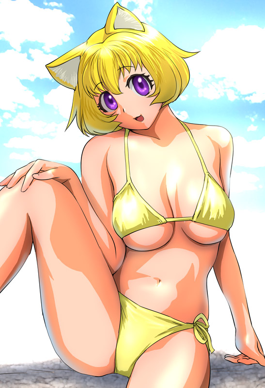 ueyama michirou, original, 1girl, animal ears, bikini, blonde hair, breasts, cloud, day, female focus, fox ears, large breasts, navel, purple eyes, short hair, side-tie bikini bottom, sitting, sky, solo, spread legs, swimsuit, underboob, yellow bikini