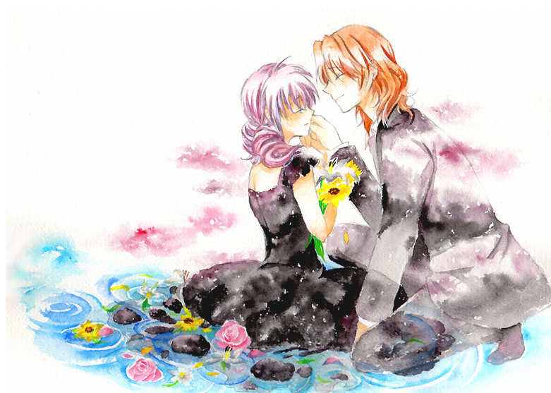 feldt grace, lockon stratos, gundam, gundam 00, painting (medium), traditional media, watercolor (medium), 00s, brown hair, closed eyes, dress, flower, formal clothes, funeral dress, ghost, pink hair, suit, tears, water