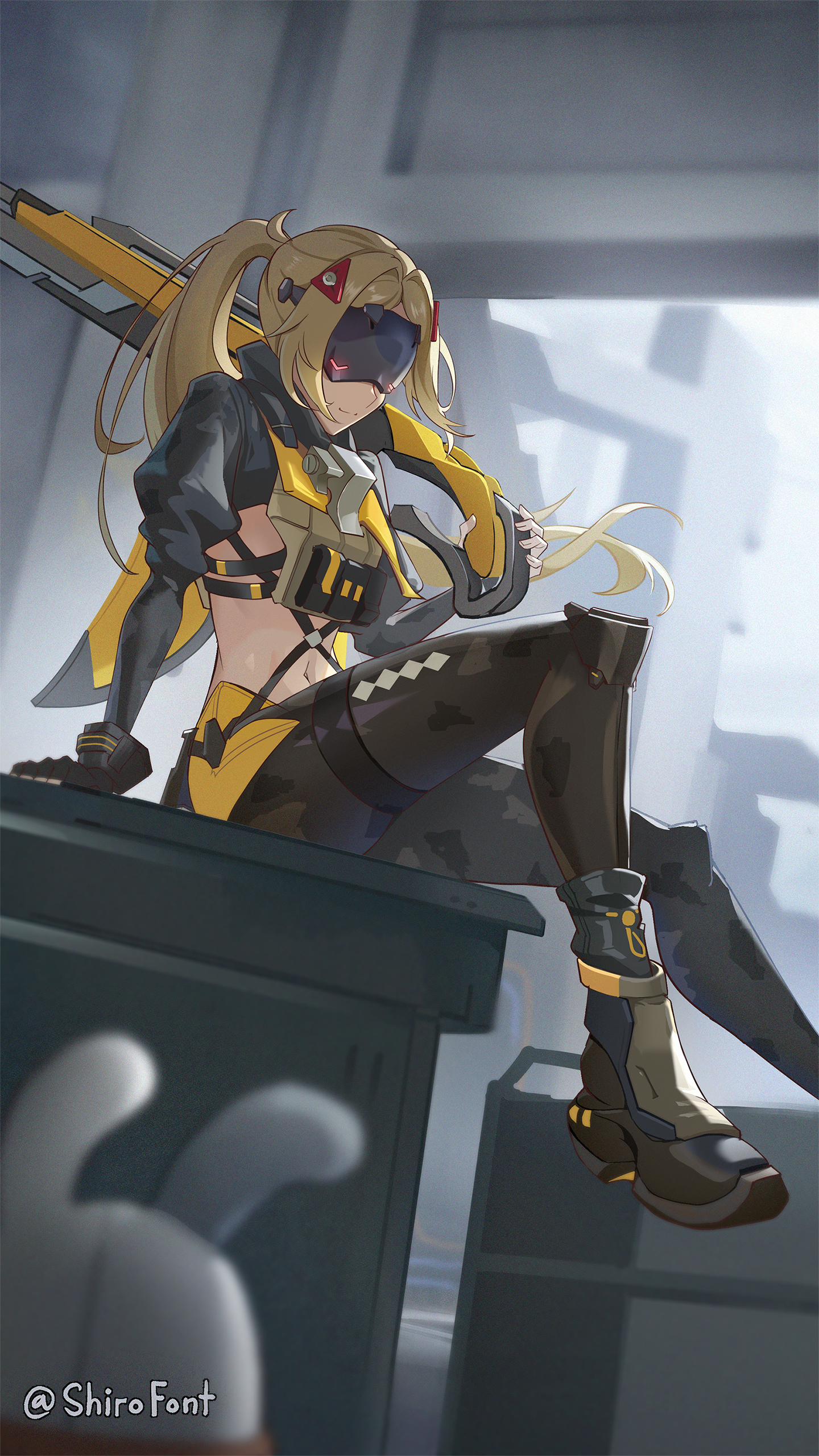 shiro font, bangboo (zenless zone zero), trigger (zenless zone zero), zenless zone zero, absurdres, commentary request, highres, 1girl, black boots, black gloves, black pants, black shrug, blonde hair, boots, camouflage, camouflage pants, closed mouth, eye mask, fingerless gloves, full body, gloves, gun, hair intakes, hair ornament, holding, holding gun, holding weapon, long hair, long sleeves, navel, pants, ponytail, rifle, shrug (clothing), smile, sniper rifle, solo, stomach, tight clothes, tight pants, twitter username, weapon