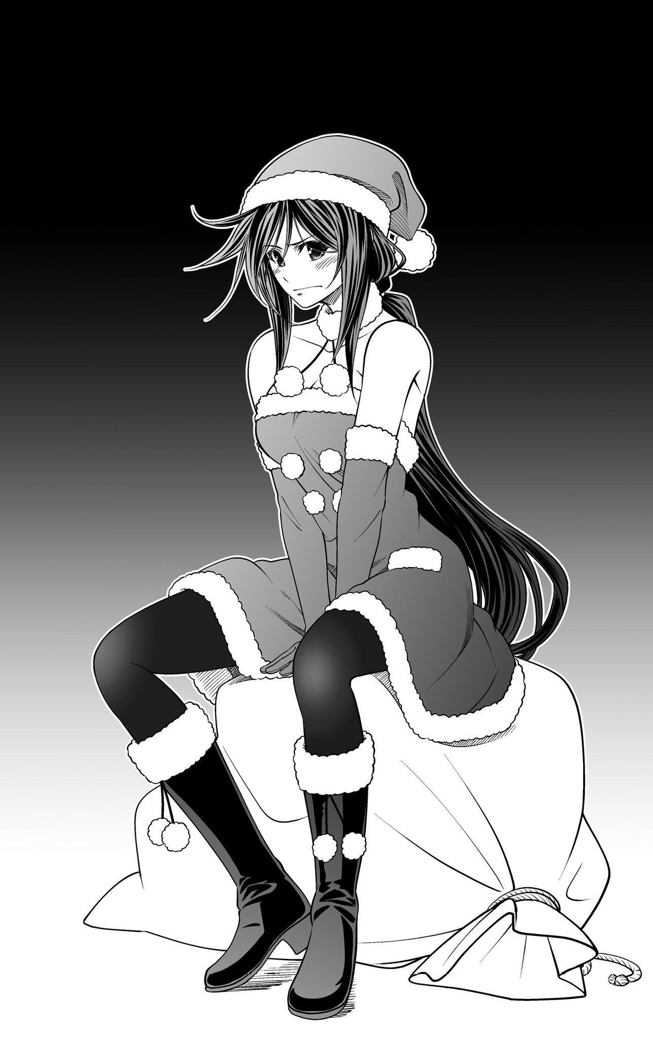 eibon, kunosato mio, chaos;child, science adventure, highres, 1girl, alternate costume, bare shoulders, blush, boots, breasts, choker, christmas, cleavage, collarbone, dress, elbow gloves, full body, fur-trimmed boots, fur-trimmed dress, fur trim, gloves, gradient background, greyscale, hair between eyes, hat, high heel boots, high heels, knee boots, long hair, looking at viewer, medium breasts, monochrome, open mouth, pantyhose, pom pom (clothes), santa costume, santa hat, short dress, sidelocks, simple background, sitting, smile, solo, strapless, strapless dress, thighhighs, very long hair