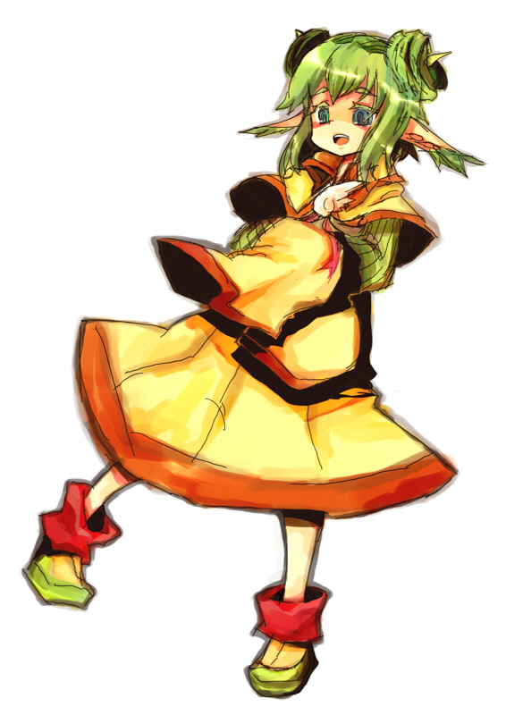 k no hito, lidelle (puyopuyo), madou monogatari, puyopuyo, puyopuyo fever, bad id, bad pixiv id, 1girl, blue eyes, female focus, green hair, pointy ears, solo