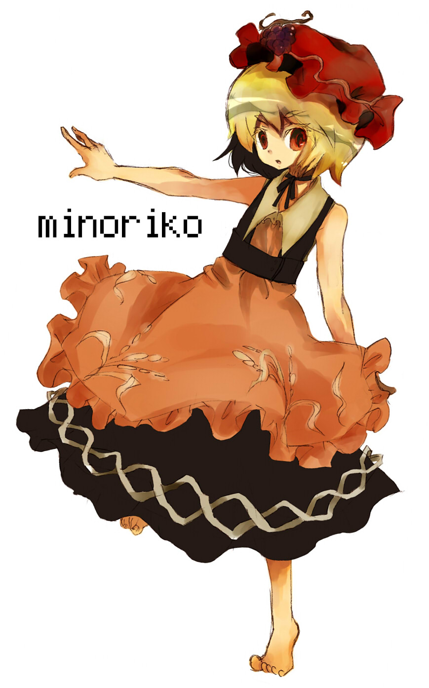 k no hito, aki minoriko, touhou, bad id, bad pixiv id, highres, 1girl, barefoot, blonde hair, character name, female focus, full body, hat, red eyes, short hair, simple background, solo, standing, white background