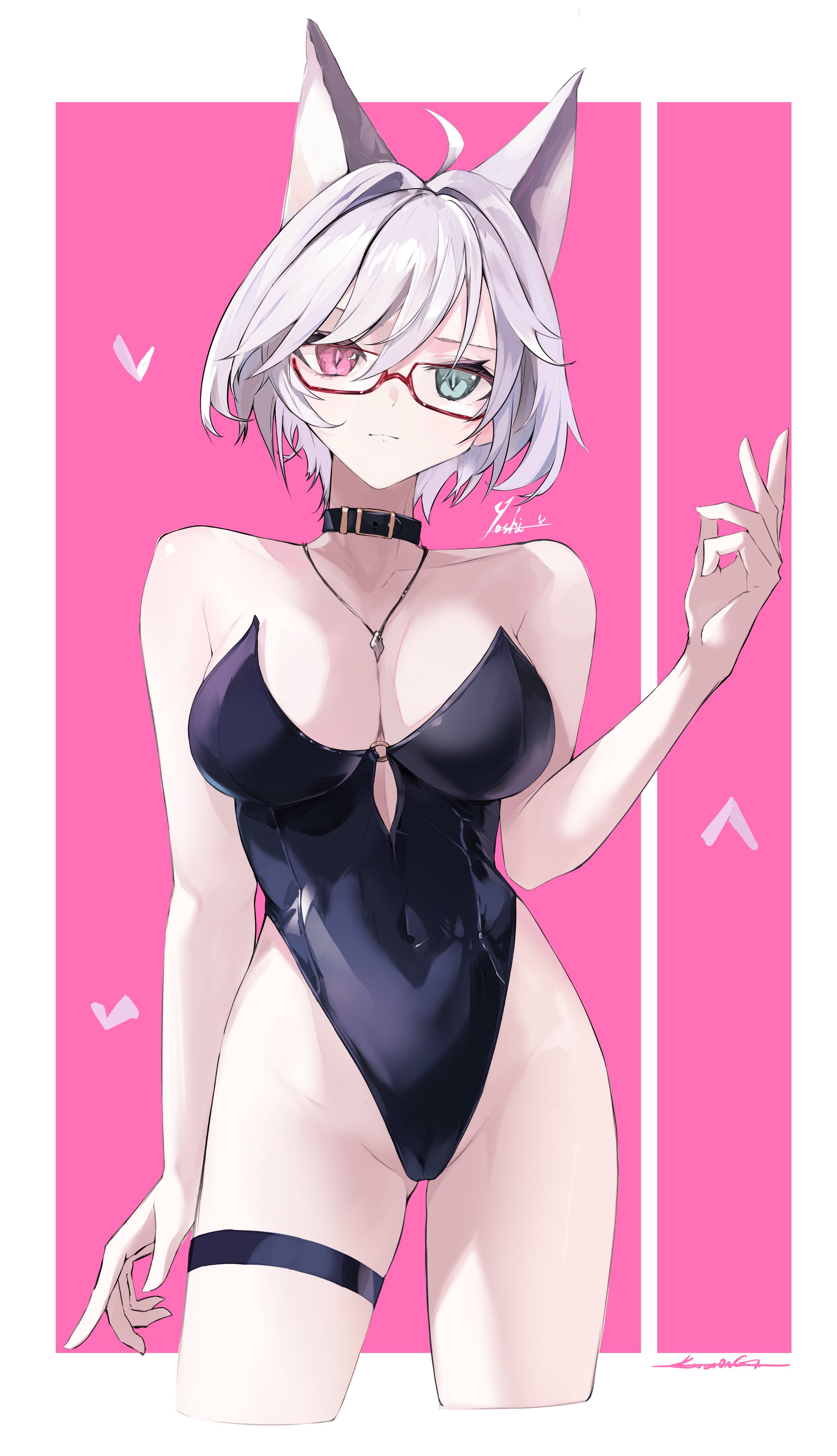 kooemong, original, absurdres, hashtag-only commentary, highres, 1girl, ahoge, animal ears, arm up, bare arms, bare shoulders, black choker, black leotard, breasts, choker, cleavage, closed mouth, collarbone, covered navel, cowboy shot, cropped legs, glasses, green eyes, hair between eyes, heterochromia, jewelry, large breasts, leotard, looking at viewer, pink background, pink eyes, red-framed eyewear, short hair, signature, simple background, solo, thigh strap, thighs, white background, white hair