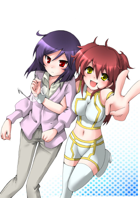 marimo danshaku, nena trinity, tieria erde, gundam, gundam 00, arm grab, bad id, bad pixiv id, 00s, 1boy, 1girl, blush, glasses, holding another's arm, long hair, midriff, red hair, shorts, thighhighs, v, yellow eyes, zettai ryouiki