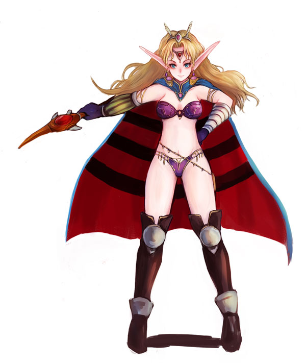kara (color), esper (saga 2), saga, saga 2, saga frontier 2, bad id, bad pixiv id, 1girl, blonde hair, blue eyes, boots, bra, cape, circlet, earrings, elf, female focus, gloves, jewelry, lingerie, long hair, long pointy ears, lots of jewelry, panties, pointy ears, solo, thigh boots, thighhighs, underwear