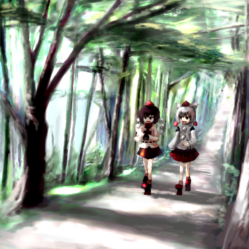 tsubasa (abchipika), inubashiri momiji, shameimaru aya, touhou, lowres, 2girls, brown hair, camera, female focus, forest, geta, hat, multiple girls, nature, oekaki, open mouth, path, road, short hair, tengu-geta, tokin hat, walking, white hair
