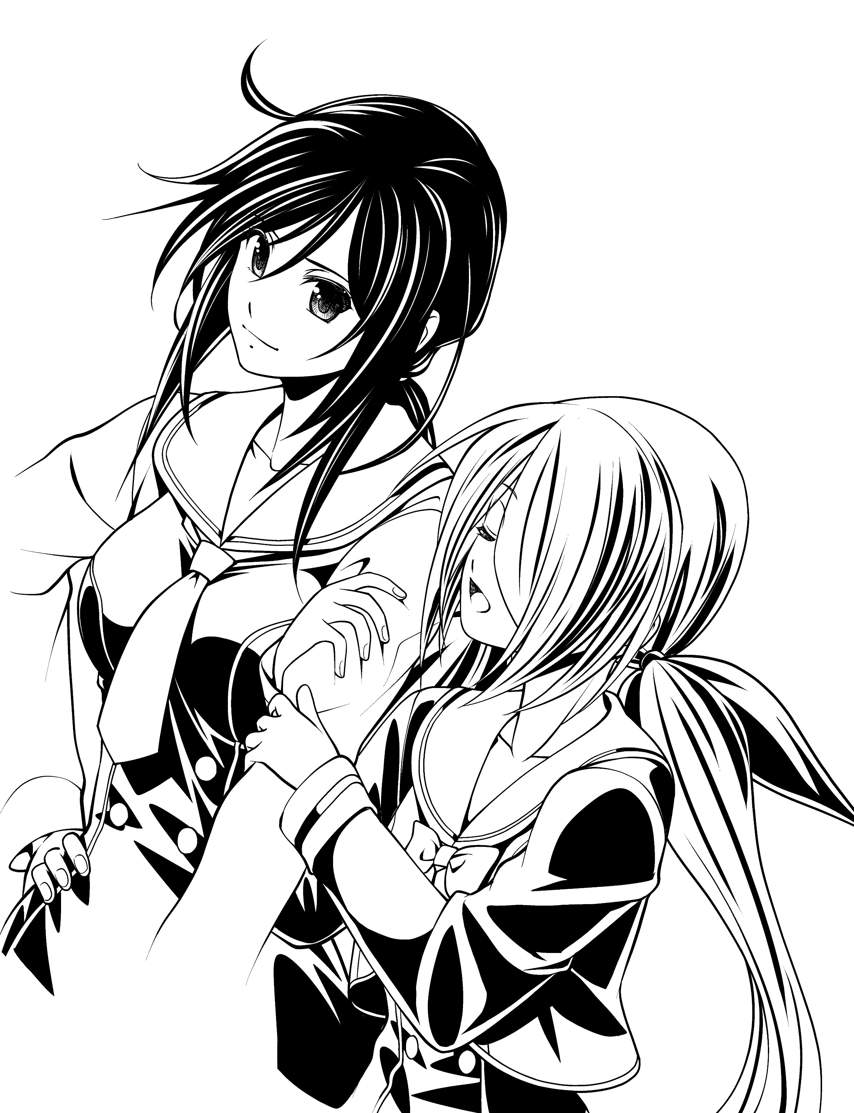 eibon, kunosato mio, minamisawa senri, chaos;child, science adventure, absurdres, highres, 2girls, blush, breasts, chest bow, cleavage, closed eyes, collarbome, collarbone, cropped jacket, dress, greyscale, hair between eyes, hair over one eye, hair ribbon, hekiho academy school uniform, jacket, long hair, long sleeves, looking at another, looking at viewer, monochrome, multiple girls, necktie, open mouth, ponytail, ribbon, sailor collar, sailor shirt, school uniform, shirt, short necktie, simple background, small breasts, smile, twintails, upper body, very long hair, white background, white sailor collar
