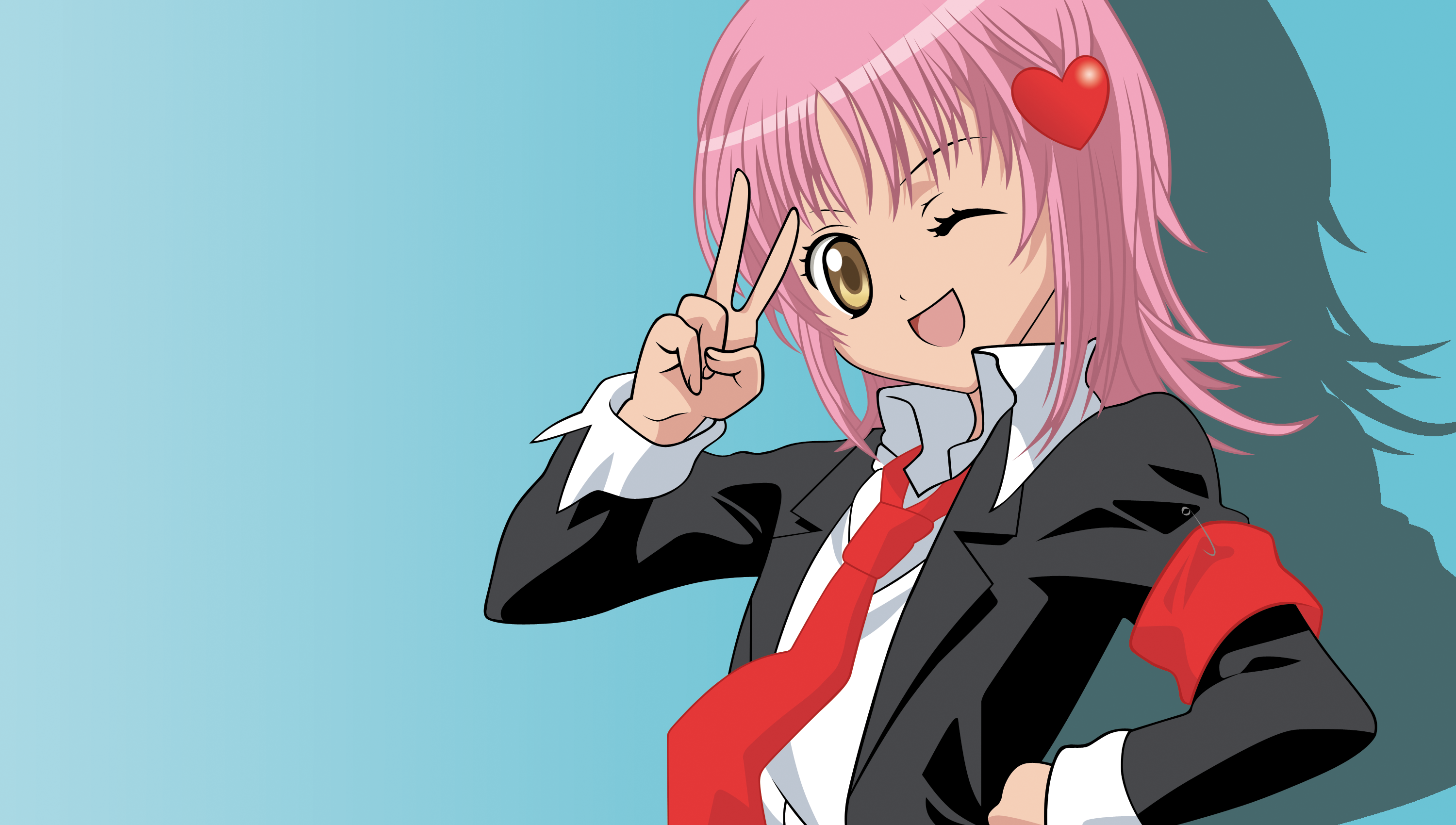 hinamori amu, shugo chara!, highres, 1girl, blue background, brown eyes, female focus, hair ornament, heart, heart hair ornament, one eye closed, open mouth, pink hair, school uniform, shadow, solo, v, wink