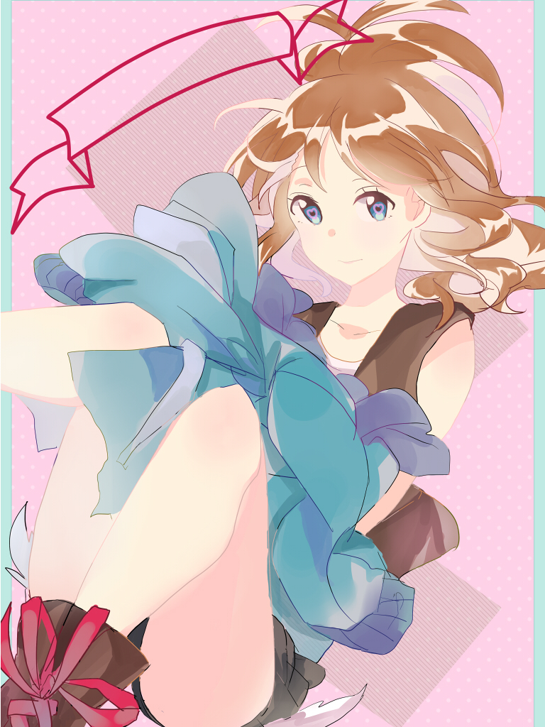 hilda (pokemon), nintendo, pokemon, pokemon bw, 1girl, antenna hair, applecrazy47, blue eyes, blue jacket, boots, brown hair, collarbone, denim, denim shorts, heart, heart-shaped pupils, jacket, lace-up boots, looking at viewer, pillarboxed, pink background, shorts, solo, symbol-shaped pupils, unworn jacket