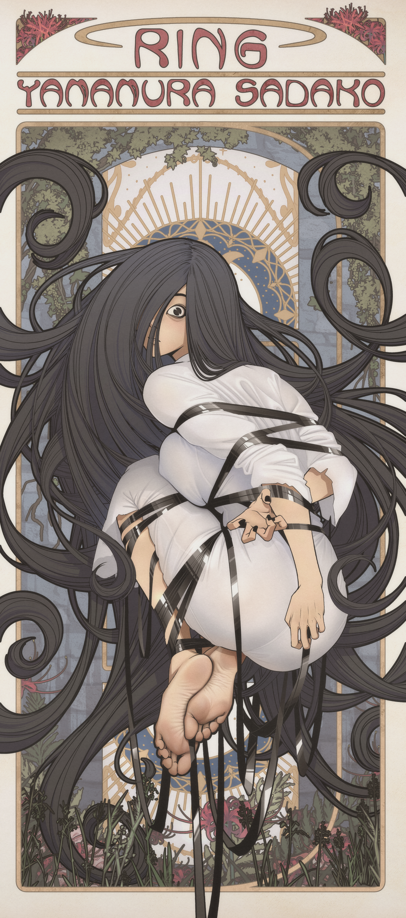 kusujinn, yamamura sadako, the ring, absurdres, highres, 1girl, arms behind back, art nouveau, barefoot, black hair, black nails, breasts, dress, film reel, hair over one eye, large breasts, long hair, looking at viewer, shibari, solo, very long hair, white dress