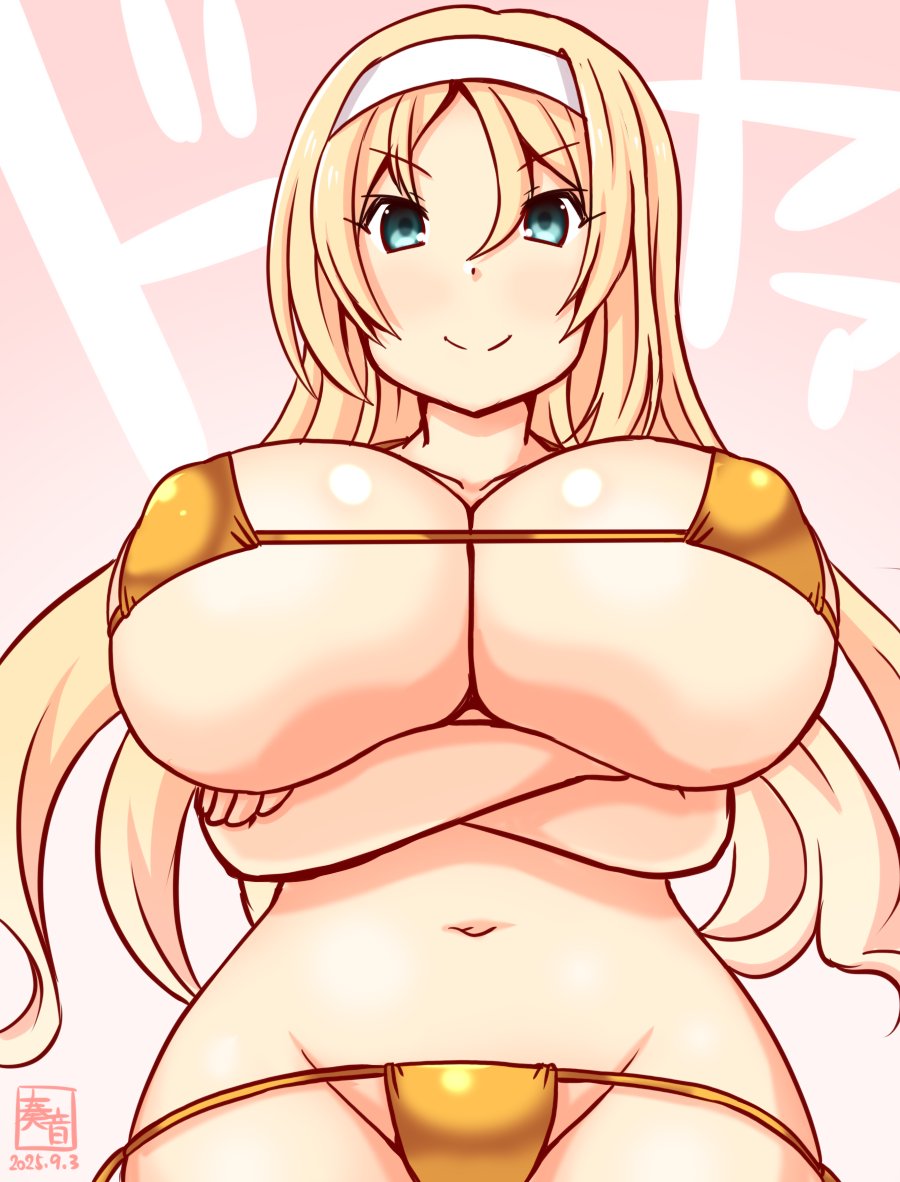 kanon (kurogane knights), nelson (kancolle), kantai collection, 1girl, alternate costume, arms under breasts, artist logo, bikini, blonde hair, blue eyes, breasts, cleavage, cowboy shot, crossed arms, dated, from below, gold bikini, hairband, large breasts, logo, long hair, looking at viewer, lowleg, lowleg bikini, navel, one-hour drawing challenge, smug, solo, swimsuit, white hairband