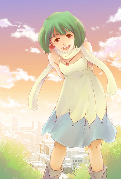 ranka lee, macross, macross frontier, bad id, bad pixiv id, 00s, 1girl, dress, female focus, green hair, rainbow background, scarf, short hair, solo, sunset, teeth, upper teeth only