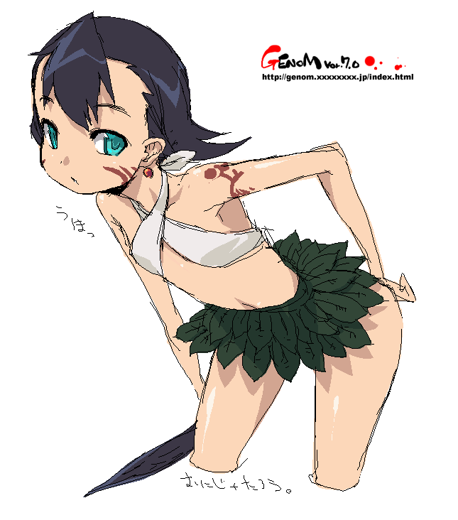onija tarou, original, aqua eyes, bent over, black hair, flat chest, leaf, oekaki, short hair, solo, tattoo
