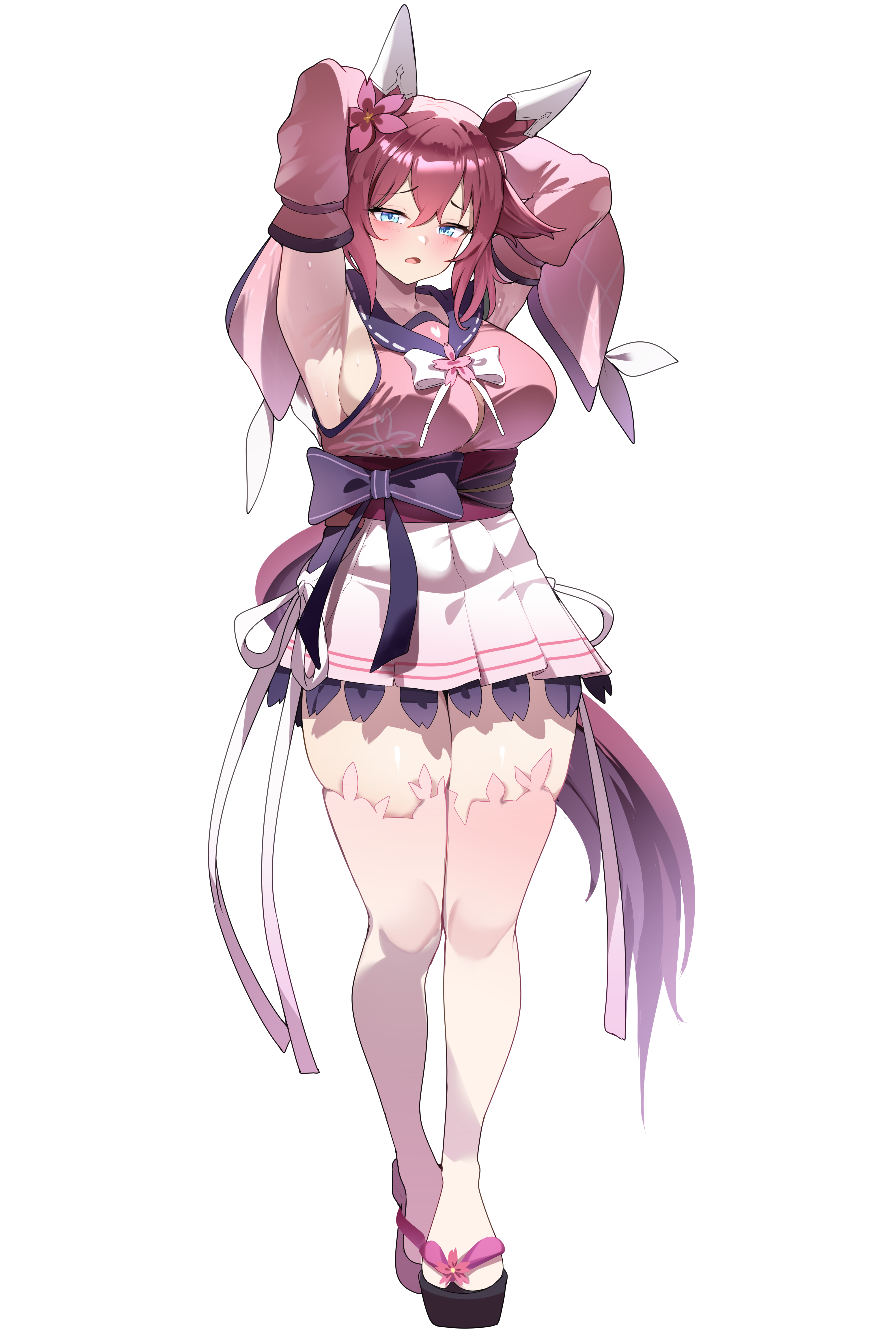 smoke klll, sakura chiyono o (umamusume), umamusume, absurdres, commentary request, highres, 1girl, animal ears, blue eyes, brown hair, detached sleeves, ear covers, full body, horse ears, horse girl, horse tail, looking at viewer, pink sleeves, short hair, skirt, solo, standing, tail, white skirt