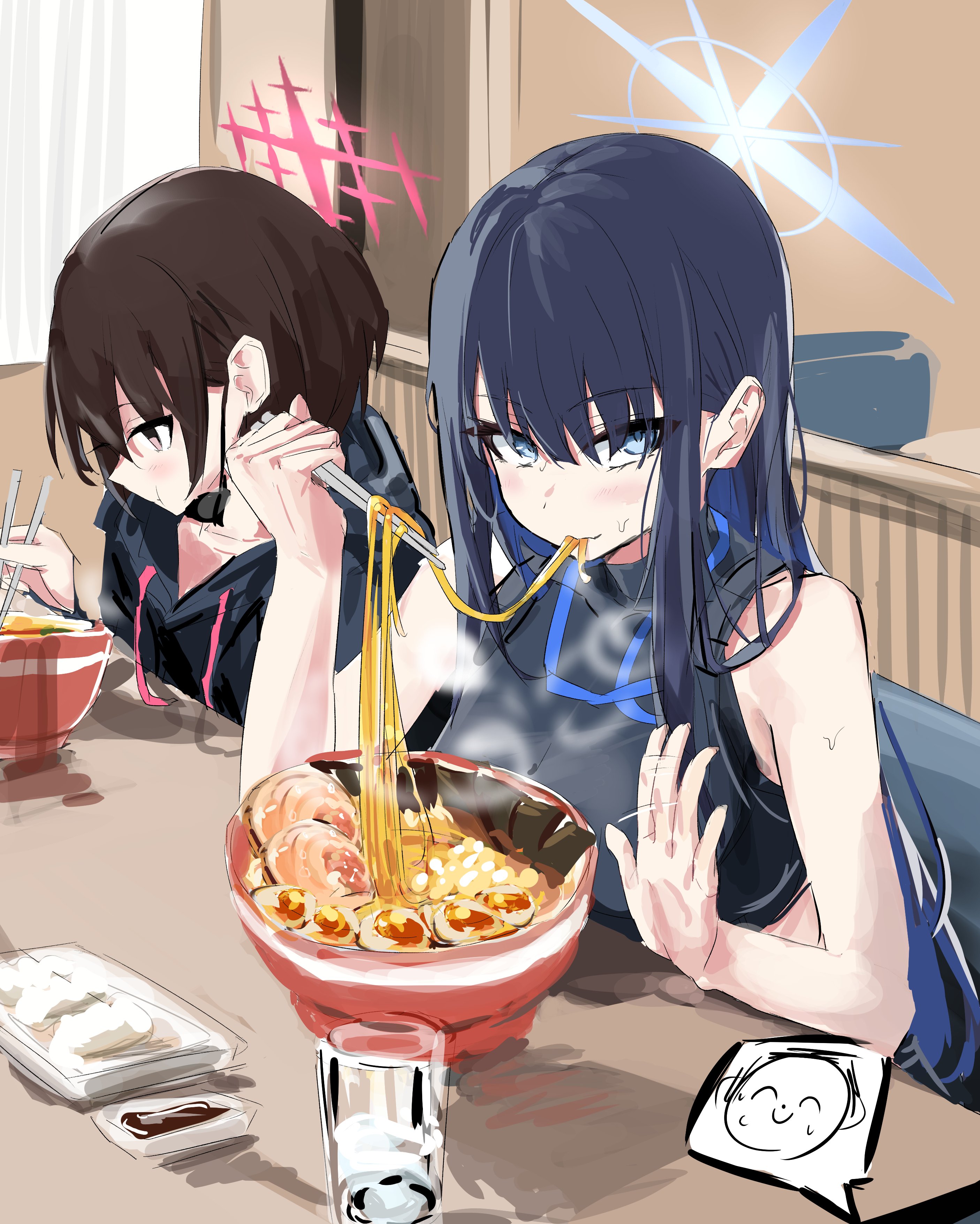 candy moon777, doodle sensei (blue archive), misaki (blue archive), saori (blue archive), sensei (blue archive), blue archive, absurdres, commentary request, highres, 1boy, 2girls, black hoodie, blue eyes, blue hair, blue halo, brown eyes, brown hair, chopsticks, crop top, cup, food, halo, holding, holding chopsticks, hood, hoodie, image in speech bubble, indoors, long hair, mask, mask pull, mouth mask, multiple girls, no mask, noodles, ramen, red halo, restaurant, shirt, short hair, sleeveless, sleeveless shirt, surgical mask, table, waving hands