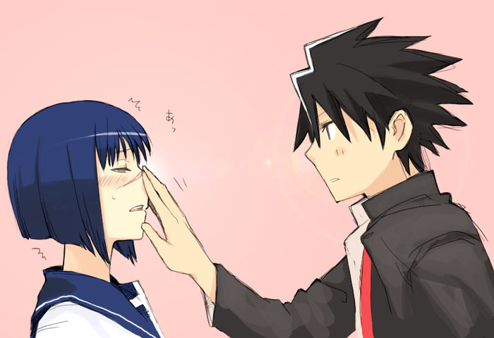 yu 65026, mutou kazuki, tsumura tokiko, busou renkin, 00s, 1boy, 1girl, blue sailor collar, blush, bob cut, couple, half-closed eyes, hetero, pink background, profile, sailor collar, scar, scar on face, scar on nose, uncommon stimulation