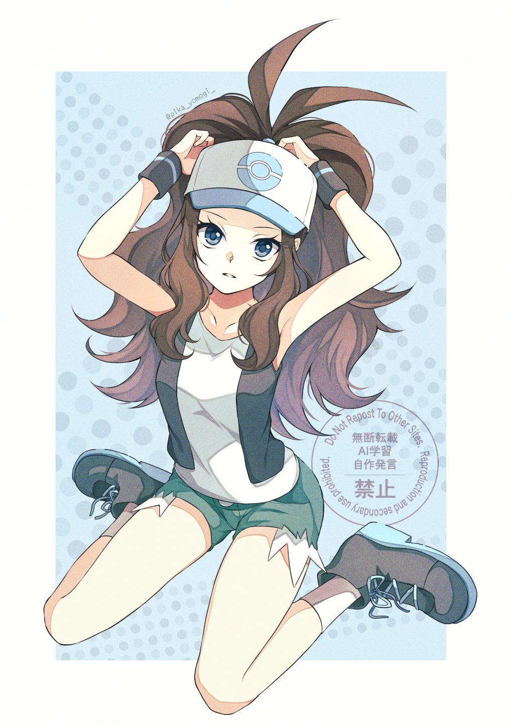 yomogi (black-elf), hilda (pokemon), nintendo, pokemon, pokemon bw, highres, 1girl, armpits, arms up, baseball cap, black vest, blue eyes, breasts, brown hair, collarbone, cutoffs, denim, denim shorts, hat, high ponytail, long hair, looking at viewer, open clothes, open vest, parted lips, poke ball print, ponytail, shirt, short shorts, shorts, sidelocks, sitting, solo, vest, wariza, white shirt, wristband