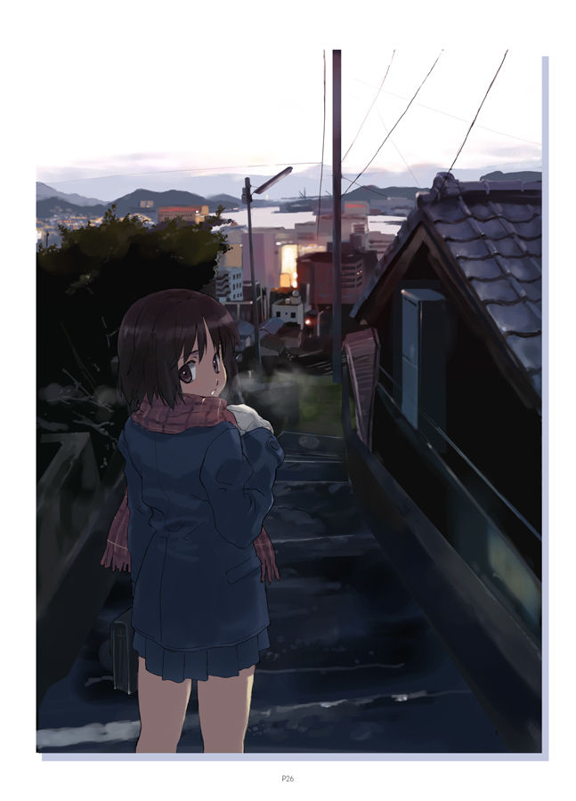 matsumoto noriyuki, 1girl, bag, breath, brown eyes, brown hair, city, cityscape, cold, female focus, real world location, satchel, scarf, scenery, school bag, school uniform, serafuku, short hair, solo, stairs