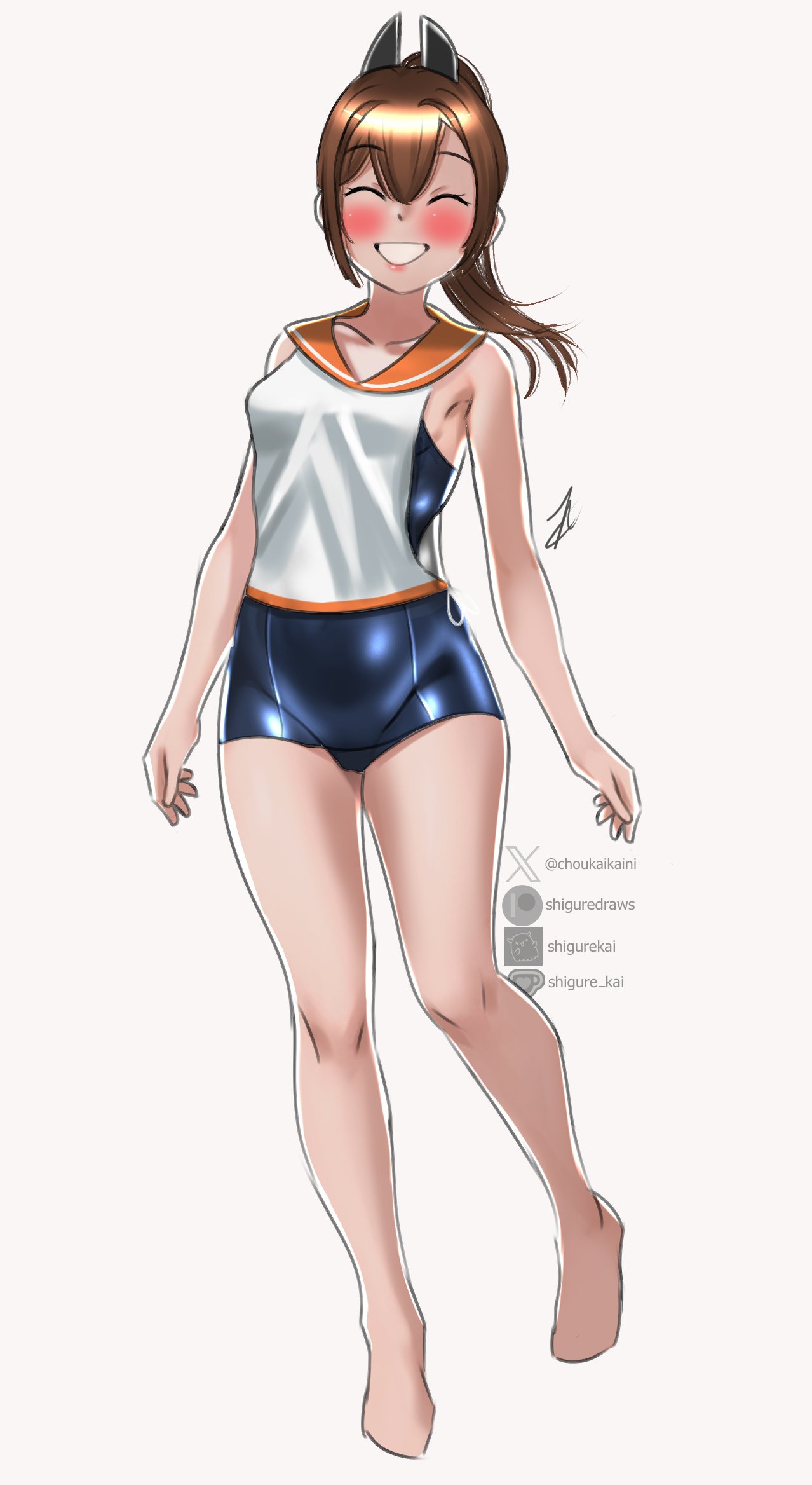 shigure (choukaikaini), i-401 (kancolle), kantai collection, commentary, english commentary, highres, 1girl, barefoot, blue one-piece swimsuit, brown hair, closed eyes, dark-skinned female, dark skin, facing viewer, full body, grin, long hair, old school swimsuit, one-hour drawing challenge, one-piece swimsuit, orange sailor collar, ponytail, sailor collar, sailor shirt, school swimsuit, shirt, side-tie shirt, signature, simple background, sleeveless, sleeveless shirt, smile, solo, swimsuit, swimsuit under clothes, white background