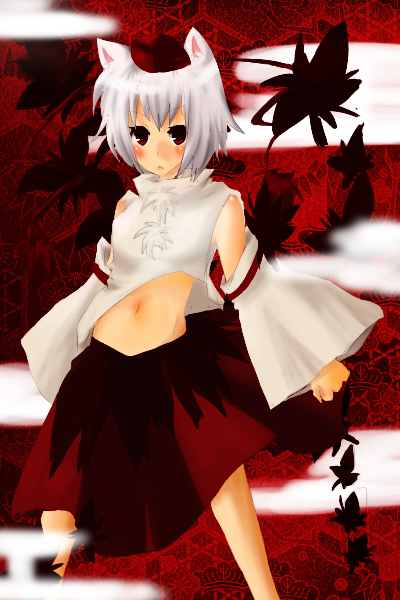 tsukikusa, inubashiri momiji, touhou, silver hair, bad id, bad pixiv id, 1girl, animal ears, bare shoulders, detached sleeves, dog ears, female focus, hat, red eyes, skirt, solo, wolf ears