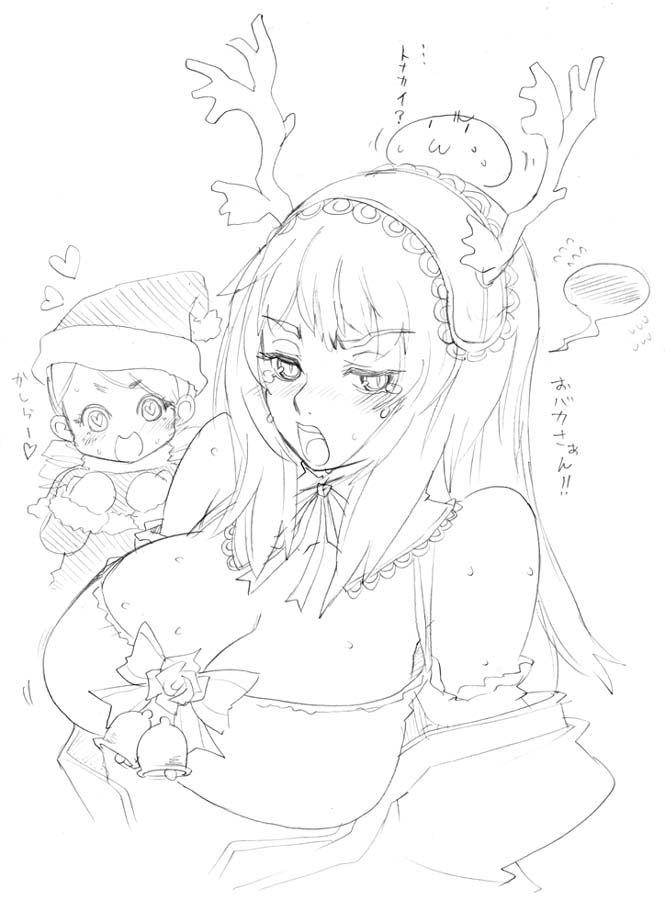 tsuutenkaaku, kanaria, suigintou, rozen maiden, translation request, 00s, alternate breast size (larger), animal costume, blush, breasts, christmas, cleavage, embarrassed, greyscale, horns, huge breasts, large breasts, long hair, monochrome, reindeer costume, santa costume