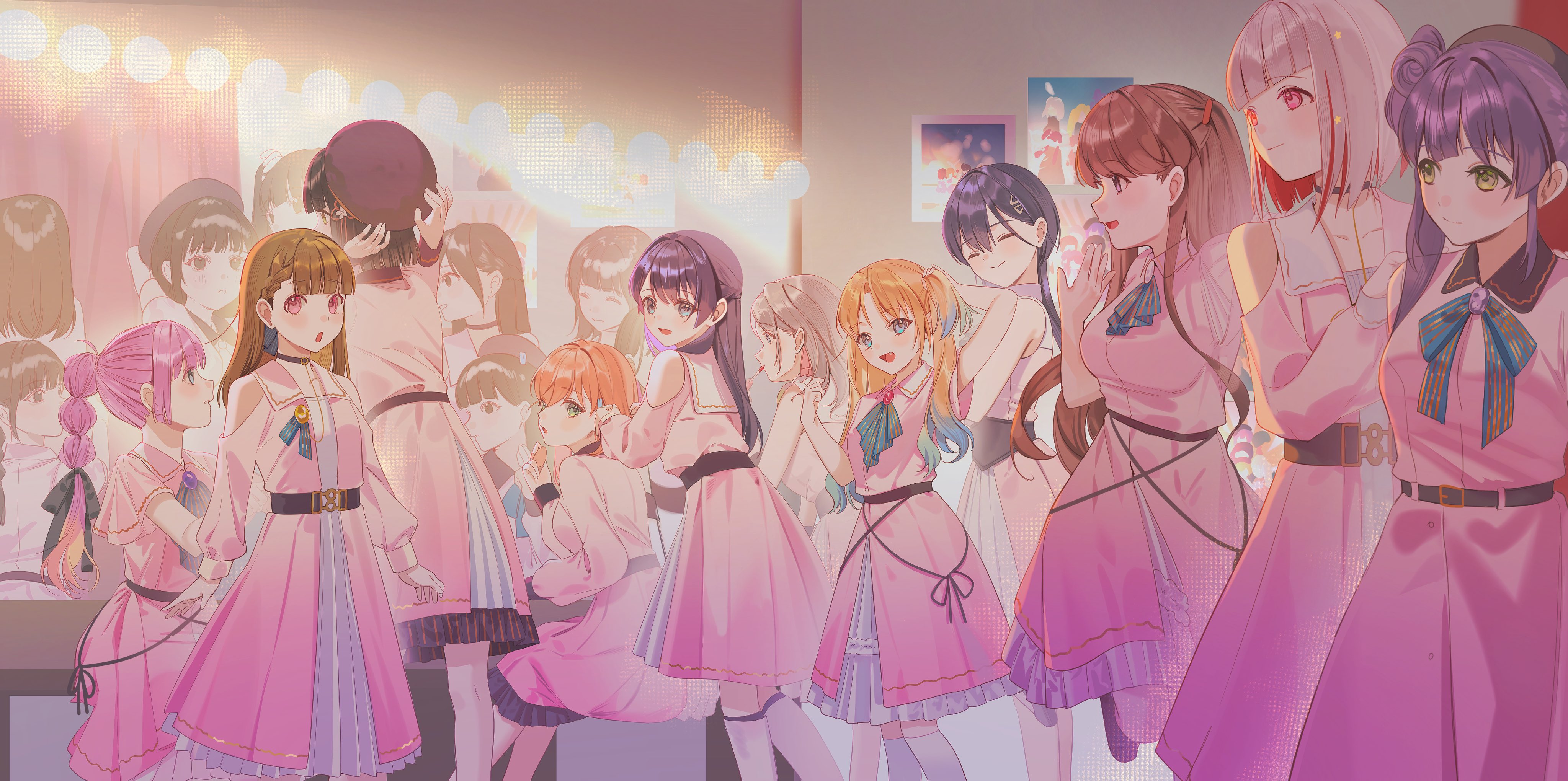 dkou, anyoji hime, ceras yanagida lilienfeld, fujishima megumi, hanamiya nina, hinoshita kaho, kachimachi kosuzu, kan kanna, katsuragi izumi, momose ginko, murano sayaka, nirei nozomi, osawa rurino, otomune kozue, sasaki kotoko, shindou amane, tsukine kona, yugiri tsuzuri, link! like! love live!, love live!, real life, absurdres, commentary, hashtag-only commentary, highres, making-of available, 6+girls, :d, animification, applying makeup, applying own makeup, beret, black bow, black hair, black hat, black ribbon, blonde hair, blue eyes, blue hair, blunt bangs, blunt ends, bob cut, bow, braid, breasts, brown hair, center-flap bangs, closed mouth, colored inner hair, different reflection, dream believers, dress, dressing room, fang, feet out of frame, frilled dress, frilled sleeves, frills, gradient hair, green eyes, grey hair, hair bow, hair bun, hair ornament, hair ribbon, half up braid, half updo, hat, hayama fuka, indoors, inverted bob, kneehighs, kurusu rin, leg up, long hair, long sleeves, makeup, medium breasts, medium dress, medium hair, mirror, miyake miu, multi-tied hair, multicolored hair, multiple girls, nonaka kokona, official alternate costume, open mouth, pink hair, ponytail, poster (object), purple eyes, rabbit hair ornament, red eyes, red hair, reflection, ribbon, sakurai hina, short hair, short sleeves, side braids, side ponytail, sidelocks, single side bun, sitting, sleeveless, sleeveless dress, smile, socks, standing, standing on one leg, streaked hair, triangle hair ornament, twintails, two side up, virtual youtuber, voice actor connection, wolf cut