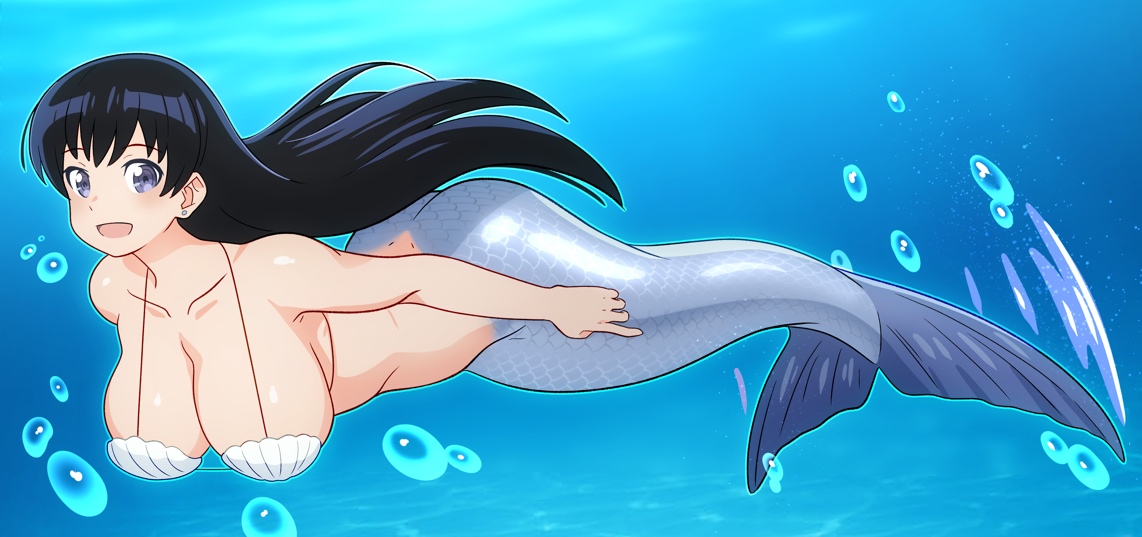 kiria021, arato nagi, ruri no houseki, absurdres, commentary request, highres, 1girl, :d, air bubble, ass, bikini, black hair, breasts, bubble, cleavage, collarbone, grey tail, large breasts, long hair, looking at viewer, mermaid, monster girl, monsterification, open mouth, shell, shell bikini, smile, solo, swimsuit, tongue, underwater