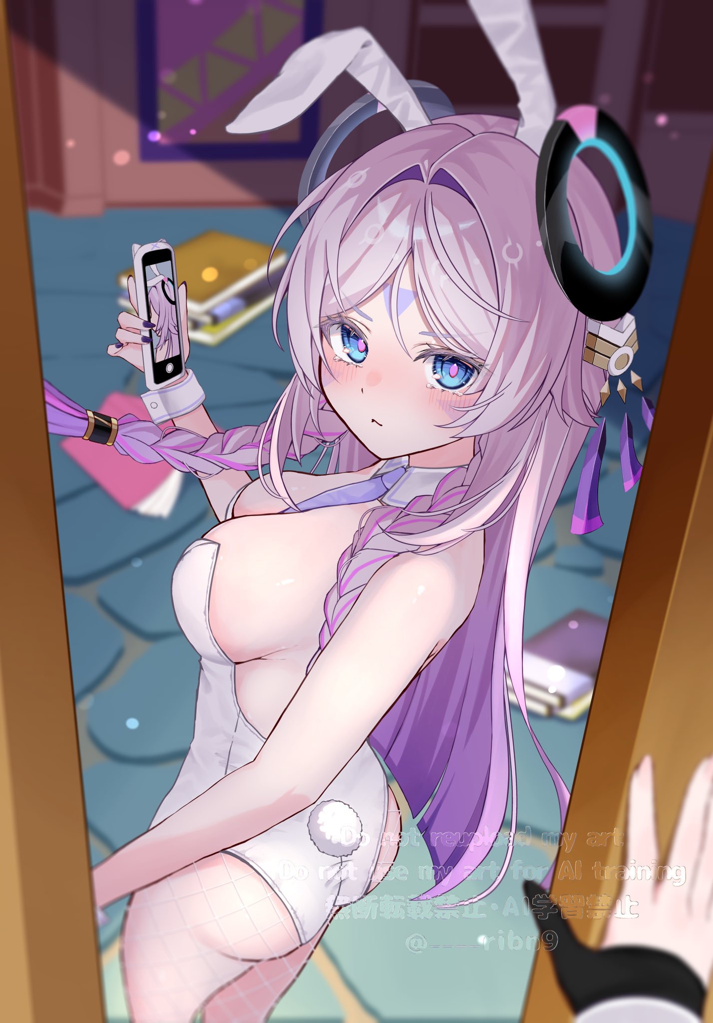 rinmel9, citlali (genshin impact), genshin impact, commentary request, highres, 1girl, alternate costume, animal ears, ass, bare shoulders, blue eyes, blush, braid, breasts, closed mouth, detached collar, facial mark, fake animal ears, floating headgear, forehead mark, hair ornament, headgear, holding, holding phone, indoors, leotard, long hair, looking at viewer, multicolored hair, necktie, phone, pink hair, pink pupils, playboy bunny, rabbit ears, rabbit tail, solo, standing, strapless, strapless leotard, tail, tears, triangle, triangle facial mark, twin braids, very long hair, white leotard, white wrist cuffs, wrist cuffs