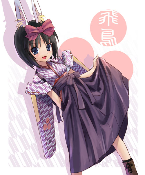 katahira masashi, asuka (busou shinki), bashamichi, busou shinki, 10s, 1girl, animal ears, blue eyes, bow, brown hair, female focus, hakama, hakama skirt, japanese clothes, mecha musume, rabbit ears, skirt, skirt hold, smile, solo, wings, yagasuri