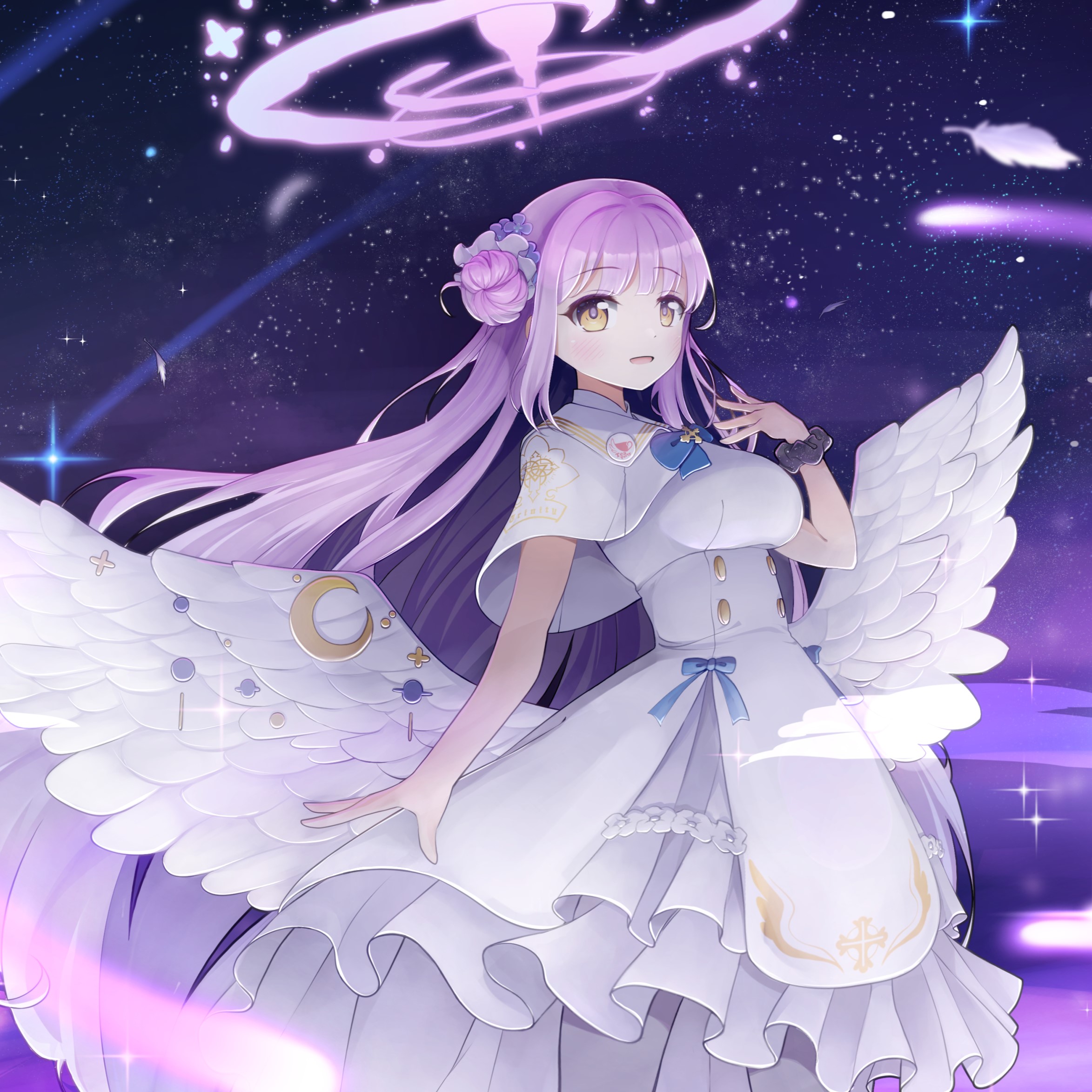 drawing rak, mika (blue archive), blue archive, highres, 1girl, angel wings, blue bow, blush, bow, breasts, buttons, capelet, double-breasted, dress, falling feathers, feathered wings, feathers, gold trim, gradient hair, hair bun, halo, high-waist skirt, long hair, low wings, medium breasts, multicolored hair, open mouth, pantyhose, pink halo, scrunchie, single hair bun, single side bun, skirt, smile, solo, underbust, very long hair, white capelet, white dress, white hair, white overskirt, white pantyhose, white skirt, white wings, wings, wrist scrunchie