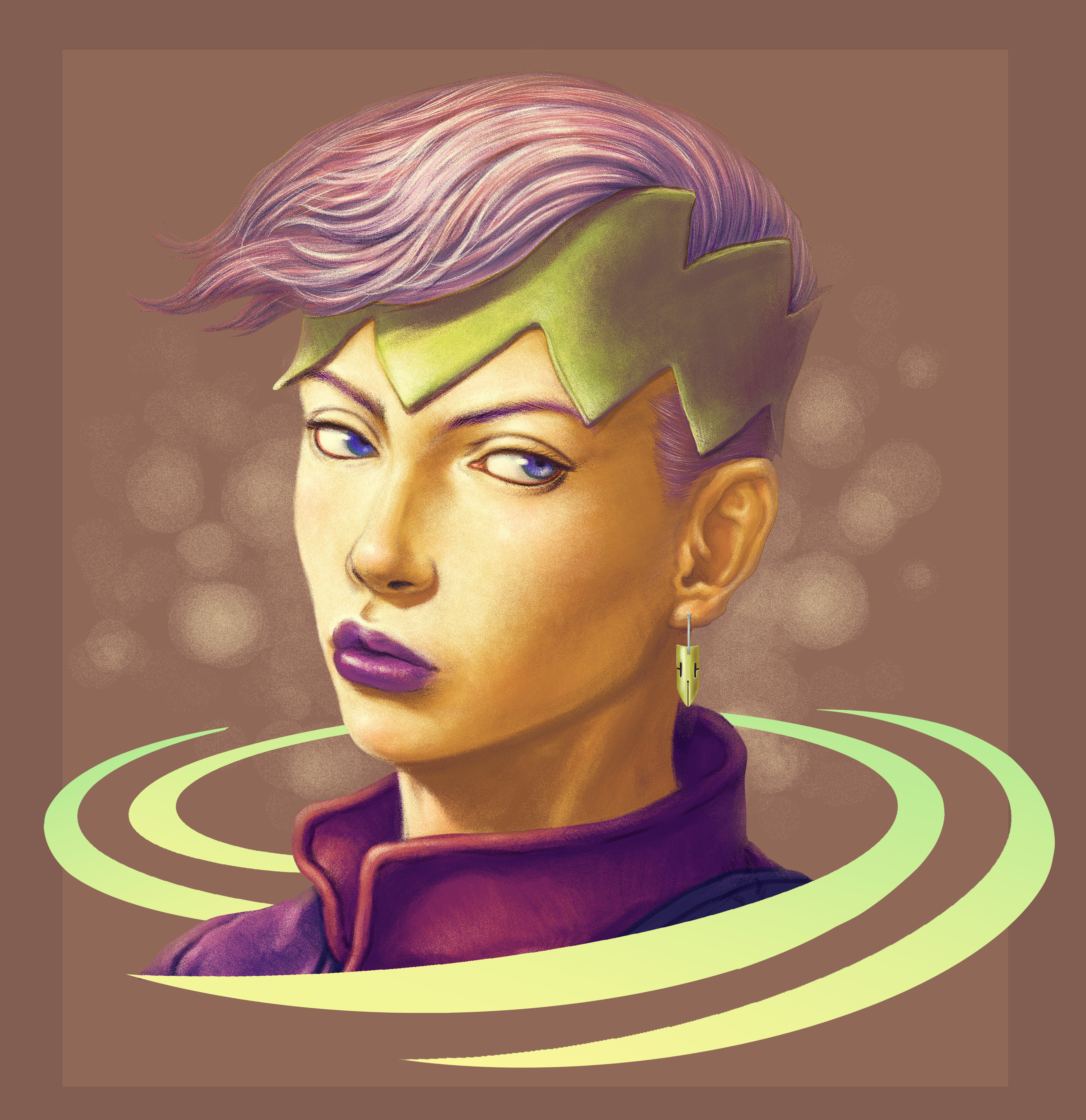 user zwnh8824, kishibe rohan, jojo no kimyou na bouken, kishibe rohan wa ugokanai, absurdres, commentary request, highres, 1boy, bishounen, blue eyes, brown background, cropped shoulders, earrings, green headband, headband, high collar, jewelry, looking at viewer, makeup, male focus, portrait, purple hair, purple lips, purple shirt, shirt, solo, undercut