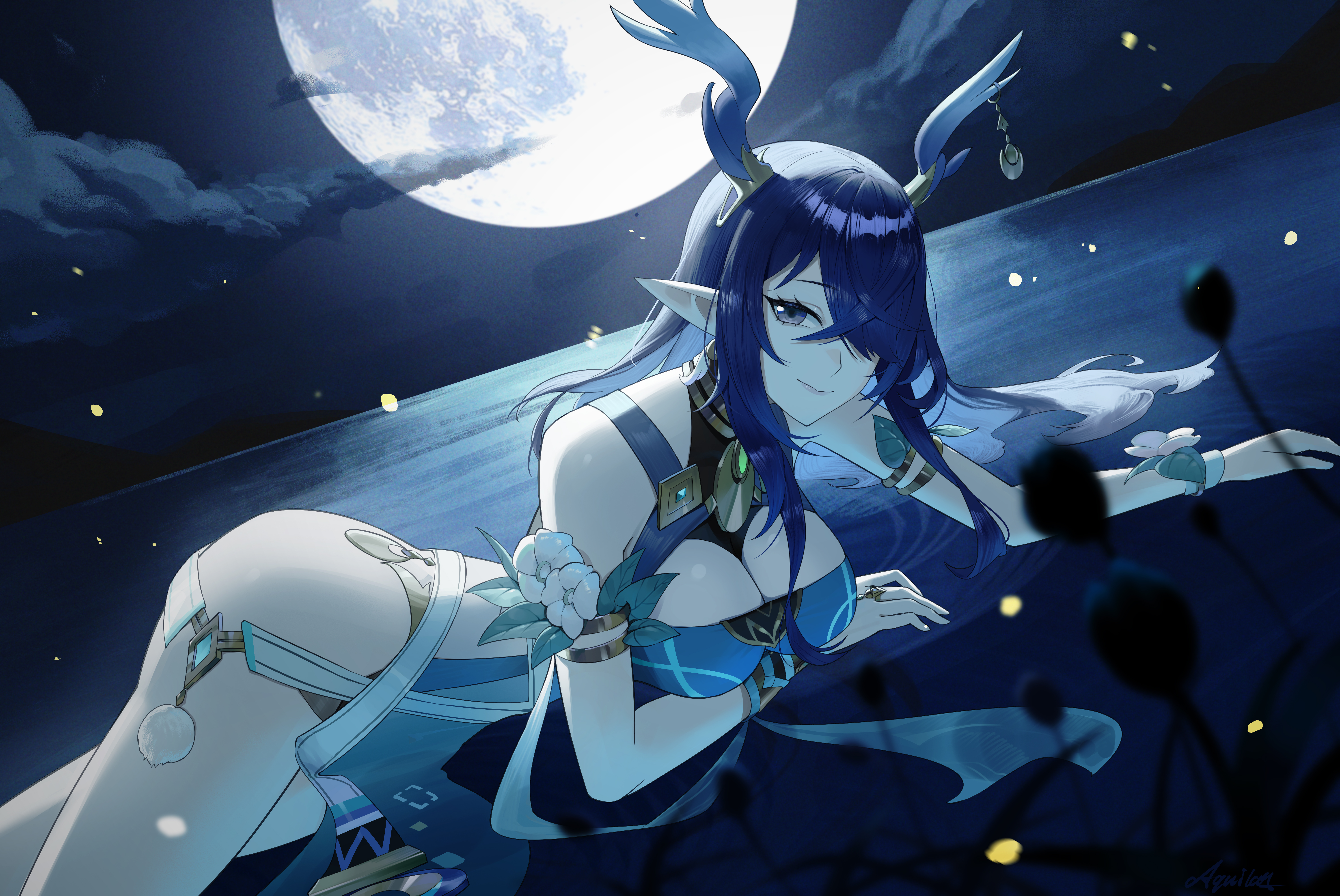 aquilar, lauma (genshin impact), genshin impact, absurdres, highres, 1girl, antlers, blue dress, blue hair, breasts, cleavage, closed mouth, deer antlers, dress, flower, grey eyes, hair over one eye, horns, jewelry, large breasts, long hair, looking at viewer, lying, moon, night, night sky, on stomach, outdoors, pointy ears, sky, smile, solo, strapless, strapless dress, very long hair, white flower