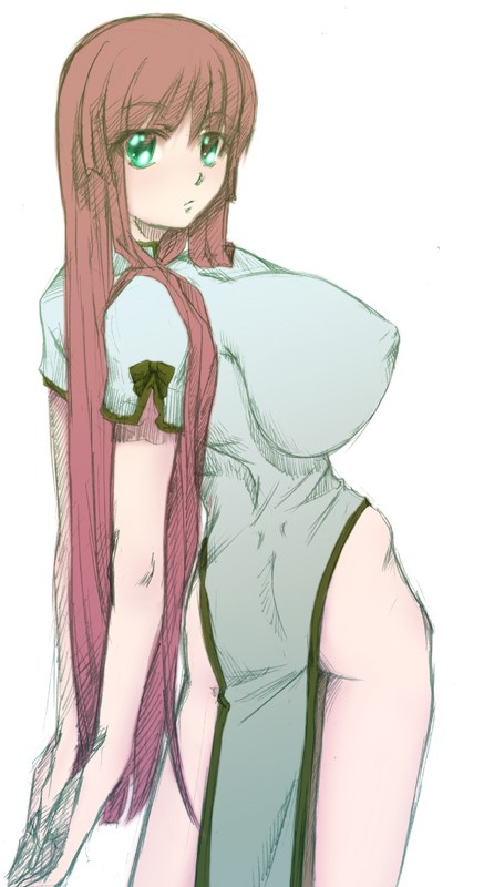 honda kikyou, hong meiling, embodiment of scarlet devil, touhou, 1girl, arms behind back, breasts, china dress, chinese clothes, dress, female focus, green eyes, huge breasts, large breasts, long hair, red hair, solo, thighs
