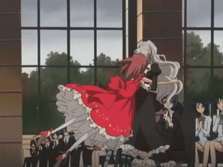 aoi nagisa, hanazono shizuma, strawberry panic!, animated, animated gif, lowres, 00s, dress, frills, grey hair, happy, long hair, pantyhose, qvga, school uniform, serafuku, spinning, yuri