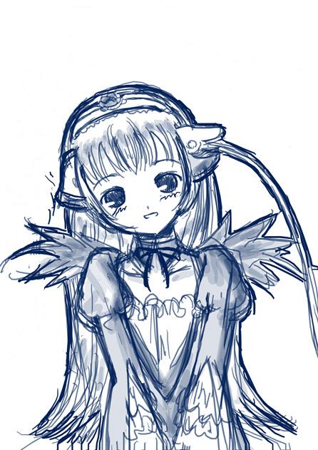 tanaka rie, chii, suigintou, chobits, rozen maiden, rozen maiden traumend, 1girl, blue theme, cosplay, female focus, monochrome, parody, solo, suigintou (cosplay), voice actor connection, wings