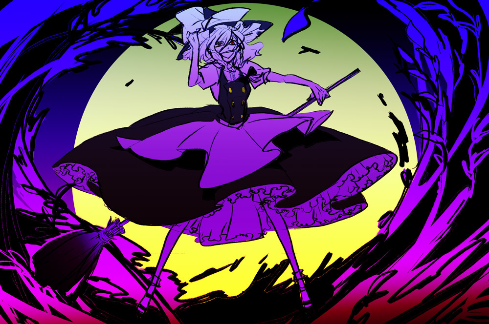 teyrapak, kirisame marisa, touhou, bad id, bad pixiv id, 1girl, broom, female focus, full body, gradient background, hat, long hair, monochrome, nature, outdoors, plant, ribbon, sky, solo, spot color
