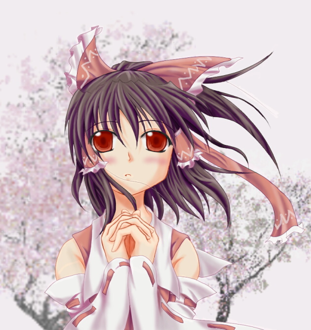 suzuki sakura, hakurei reimu, touhou, bad id, bad pixiv id, 1girl, female focus, japanese clothes, miko, nature, outdoors, plant, ribbon, solo, upper body