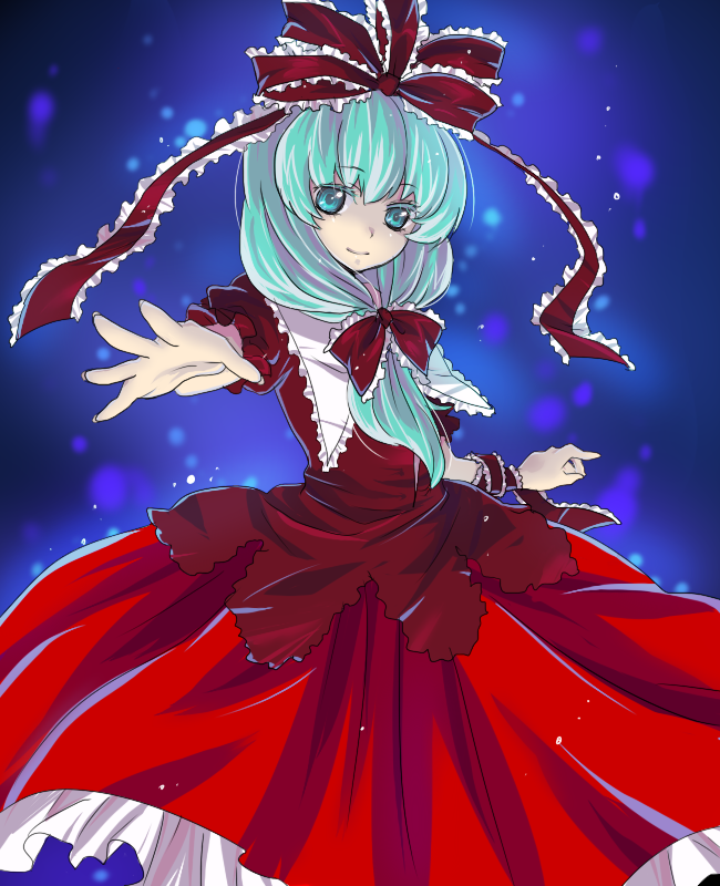 machiko (beard), kagiyama hina, touhou, bad id, bad pixiv id, 1girl, aqua eyes, aqua hair, female focus, front ponytail, gradient background, green hair, long hair, ribbon, solo, standing
