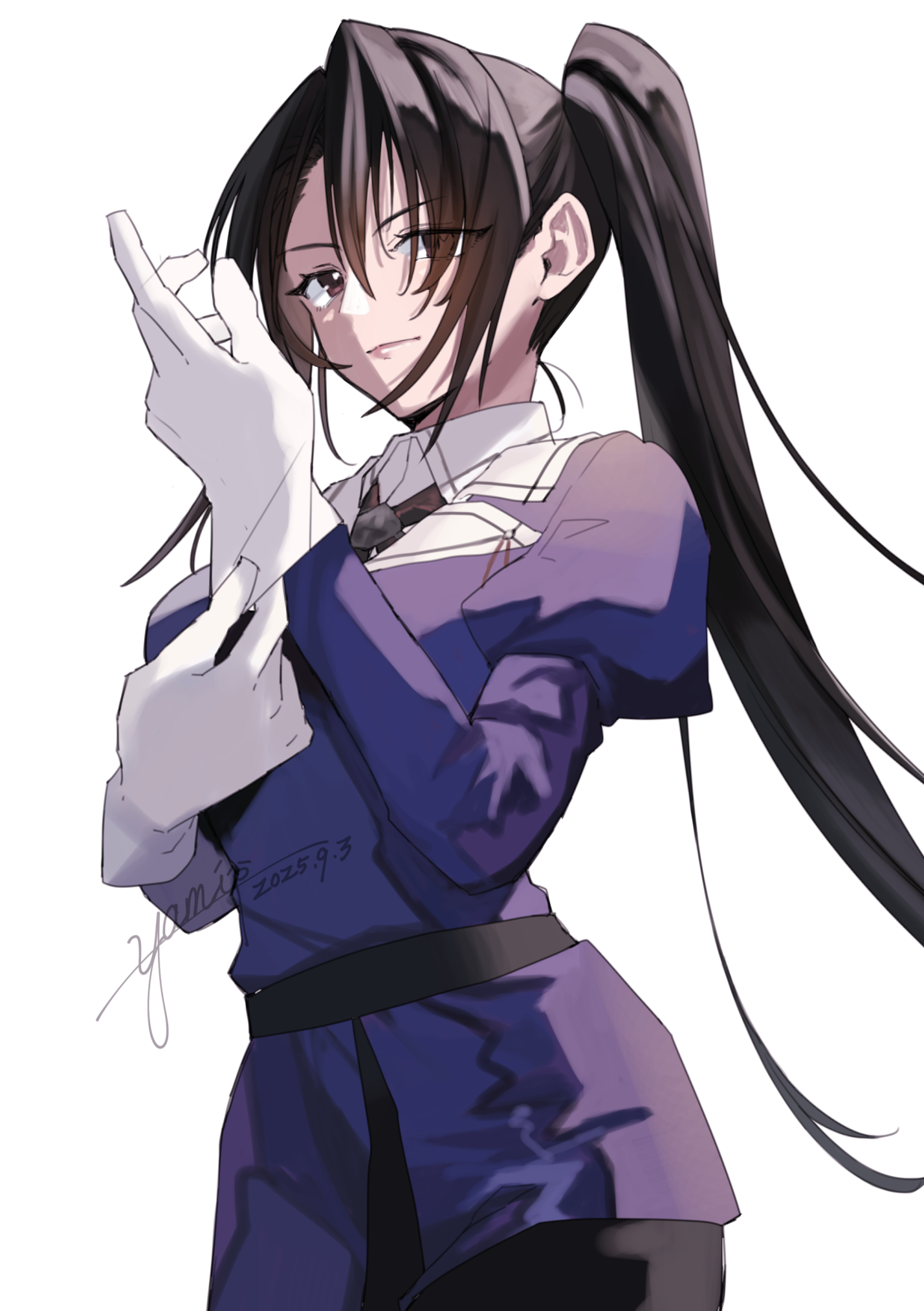 yami (m31), nachi (kancolle), nachi kai ni (kancolle), kantai collection, highres, 1girl, black hair, black skirt, brown eyes, cowboy shot, gloves, jacket, long hair, military uniform, one-hour drawing challenge, ponytail, purple jacket, simple background, skirt, solo, standing, white background, white gloves