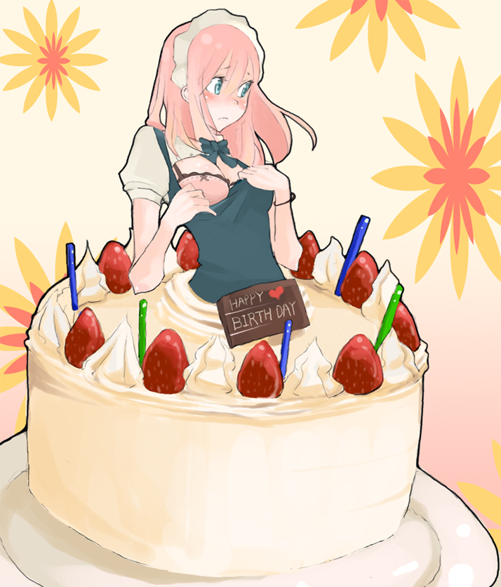 tansuke, takagi (tansuke), original, 1girl, aqua eyes, birthday, blush, bra, cake, female focus, food, fruit, in food, lingerie, long hair, maid, maid headdress, mini person, minigirl, pastry, pink hair, solo, strawberry, surprised, underwear, waitress
