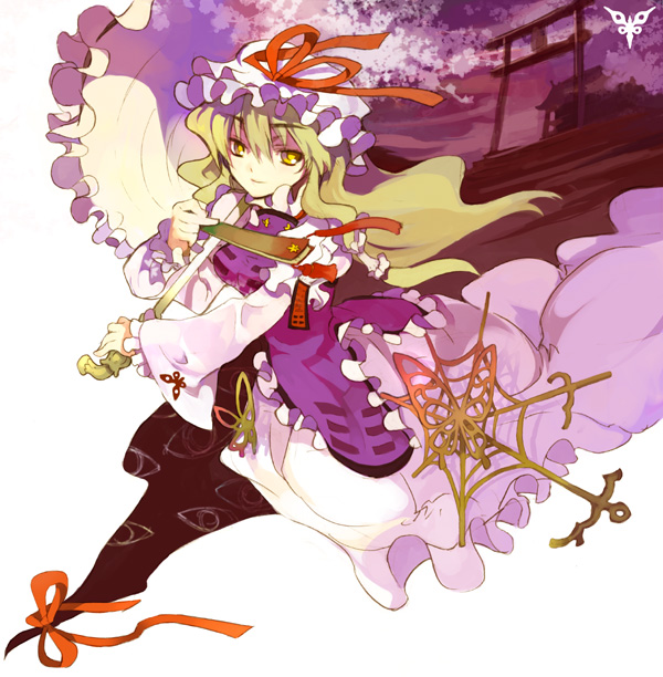 2no, ninomoto, yakumo yukari, touhou, bad id, bad pixiv id, 1girl, blonde hair, female focus, folded fan, folding fan, gap (touhou), hand fan, hat, long hair, ribbon, solo, umbrella, yellow eyes