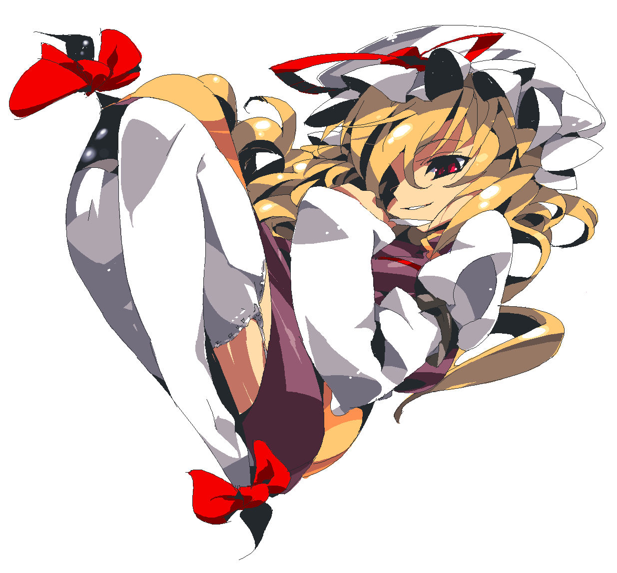 yakumo yukari, touhou, 1girl, blonde hair, female focus, full body, gap (touhou), hat, long hair, red eyes, ribbon, simple background, solo, thighhighs, white background