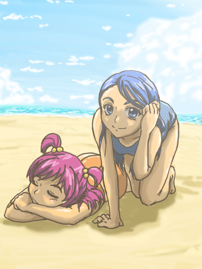 hirasawa meio, minazuki karen, yumehara nozomi, precure, yes! precure 5, 00s, 2girls, adjusting hair, all fours, barefoot, beach, blue eyes, blue hair, cloud, day, lying, multiple girls, ocean, outdoors, pink hair, sky, swimsuit